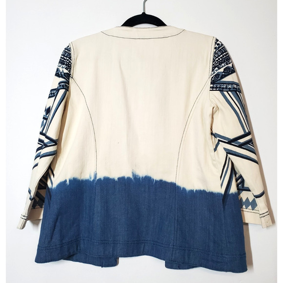 Chico's 1 Womens medium Denim Jacket Lightweight Open Front Blue Printed Sequins - Picture 3 of 8